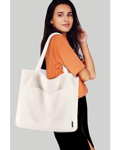 Prite Corduroy Tote Bag for Women with Zipper-Beige