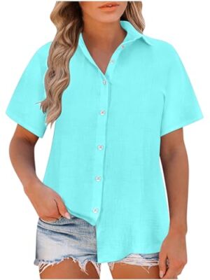 Women’s Linen Button Down Short Sleeve Blouse S-5XL