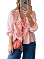 YILEEGOO Women's Tie Front Peplum Lantern Sleeve Blouse