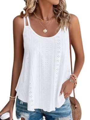 WNEEDU Women's Summer Sleeveless Eyelet Embroidery Top