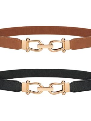 LEACOOLKEY Women Skinny Elastic Belt with Gold Buckle