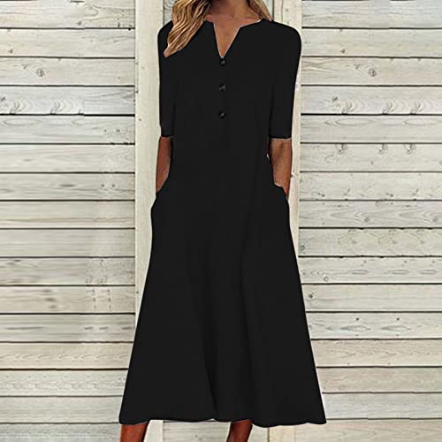 AMhomely Summer V-Neck Button Dress with Pockets