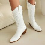 COOLCEPT Embroidered Mid Calf Cowboy Boots