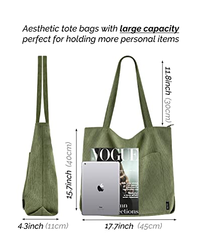 Prite Corduroy Tote Bag for Women with Zipper - Green