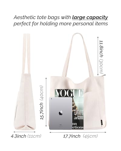 Prite Corduroy Tote Bag for Women with Zipper-Beige