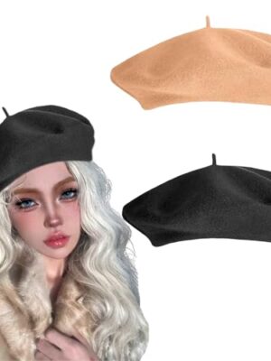 2 PCS Women Vintage French Beret Wool Solid Color Black