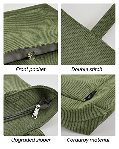 Prite Corduroy Tote Bag for Women with Zipper - Green