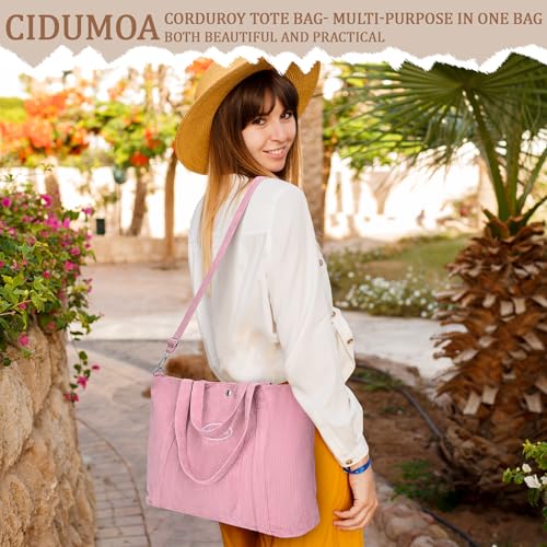 Cidumoa Pink Corduroy Tote Bag with Zipper, Large Capacity