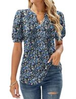 EFFAN Womens V Neck Puff Sleeve Floral Tunic Blouse