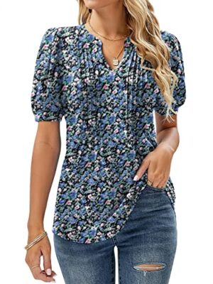 EFFAN Womens V Neck Puff Sleeve Floral Tunic Blouse