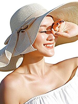 DRESHOW Womens Big Bowknot Foldable Straw Sun Hat UPF 50+