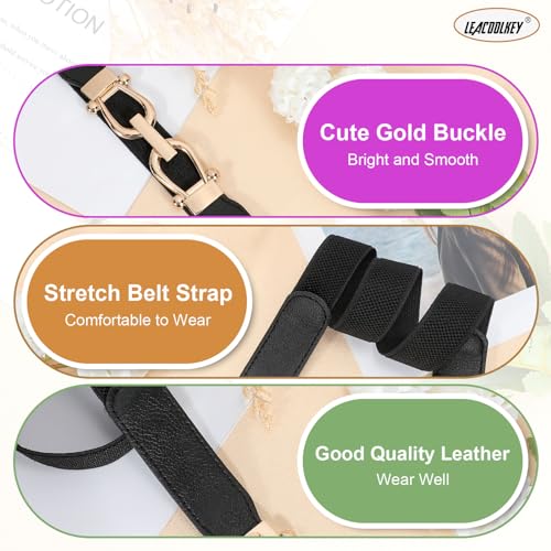 LEACOOLKEY Women Skinny Elastic Belt with Gold Buckle