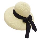 Qchomee Women Wide Brim Straw Hat with Bow, Beige
