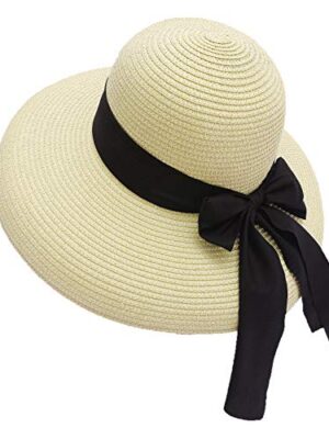 Qchomee Women Wide Brim Straw Hat with Bow, Beige