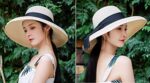 Qchomee Women Wide Brim Straw Hat with Bow, Beige