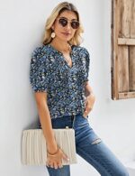 EFFAN Womens V Neck Puff Sleeve Floral Tunic Blouse