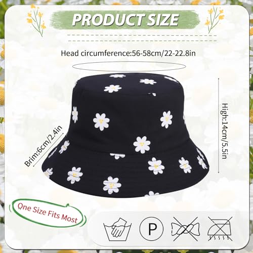 2 Pcs Reversible Cotton Bucket Hat, Daisies Print, Black/Green