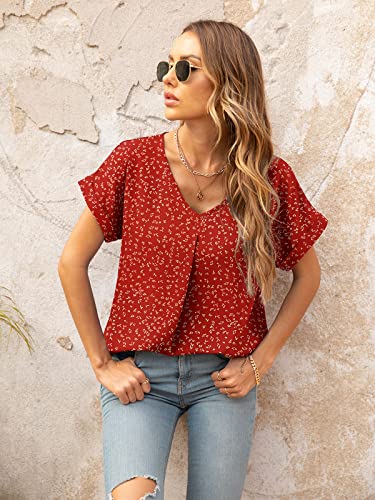 Yommay Women's V Neck Chiffon Short Sleeve Blouse