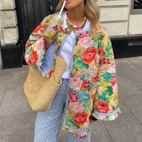 PDYLZWZY Women's Cropped Floral Puffer Jacket