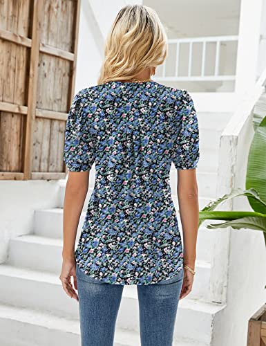 EFFAN Womens V Neck Puff Sleeve Floral Tunic Blouse