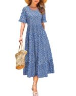 STYLEWORD Women's Floral Short Sleeve Midi Dress with Pockets