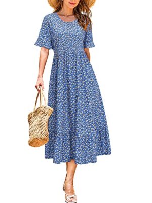 STYLEWORD Women's Floral Short Sleeve Midi Dress with Pockets