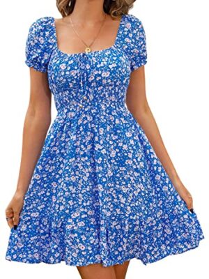 Livonmone Womens Summer Floral Puff Sleeve Mini Dress