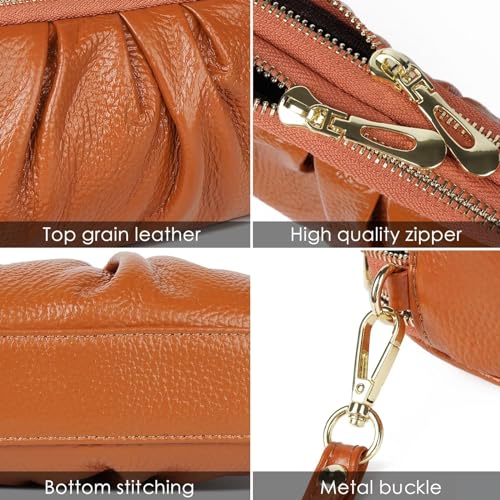 Genuine Leather Ruched Wristlet Wallet with Strap