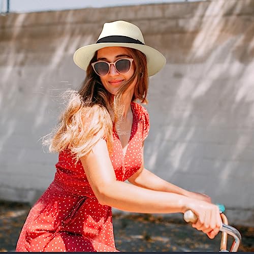 Ruphedy Women's Wide Brim Straw Fedora Hat UPF 50+