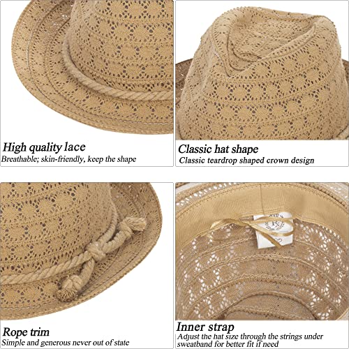 KorhLeoh Women's Lace Straw Fedora Hat for Summer