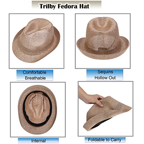 Sequins Hollow Out Fedora Sun Hat - Foldable & Packable
