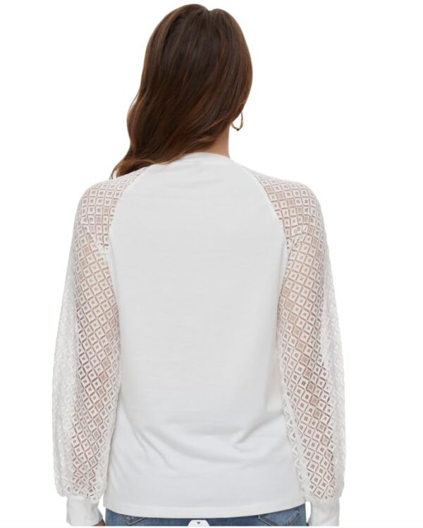 WUDODO Women's Long-Sleeved Lace Top, Round Neck, Elegant