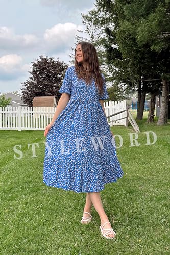 STYLEWORD Women's Floral Short Sleeve Midi Dress with Pockets