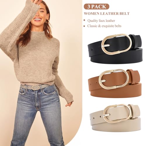 XZQTIVE 3 Pack Women's Leather Belts with Golden Buckle