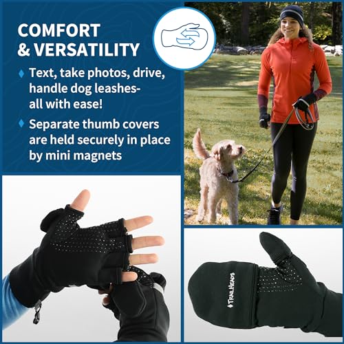 TrailHeads Convertible Running Mittens for Women, Black