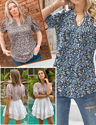 EFFAN Womens V Neck Puff Sleeve Floral Tunic Blouse