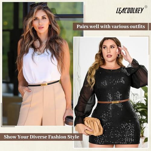 LEACOOLKEY 2 Pack Women Skinny Leather Belts with Gold Buckle