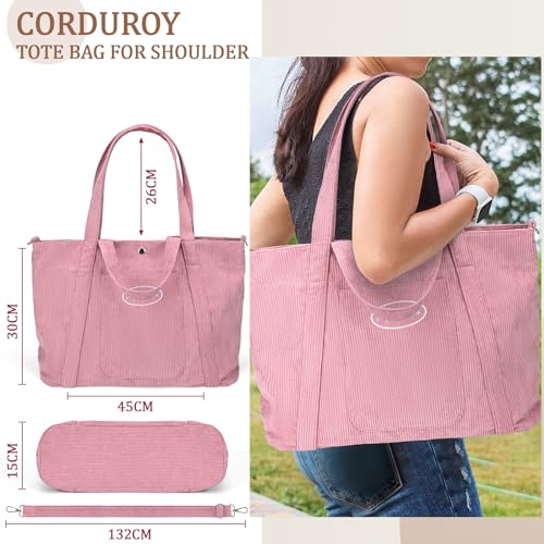 Cidumoa Pink Corduroy Tote Bag with Zipper, Large Capacity