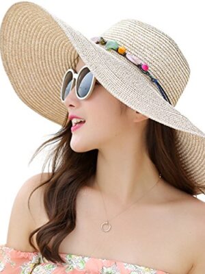 Lanzom Womens Wide Brim Straw Hat UPF 50+