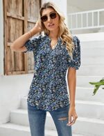 EFFAN Womens V Neck Puff Sleeve Floral Tunic Blouse