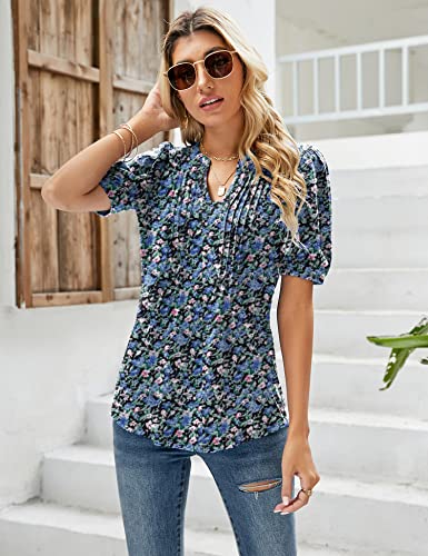EFFAN Womens V Neck Puff Sleeve Floral Tunic Blouse