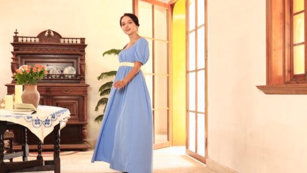 FRIUSATE Green Regency Dress with Sash, Empire Waist
