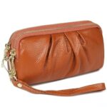 Genuine Leather Ruched Wristlet Wallet with Strap