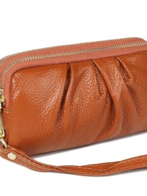 Genuine Leather Ruched Wristlet Wallet with Strap