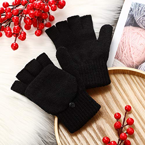 Convertible Fingerless Mittens with Flip Cover, Black