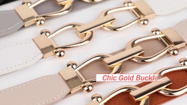 LEACOOLKEY Women Skinny Elastic Belt with Gold Buckle