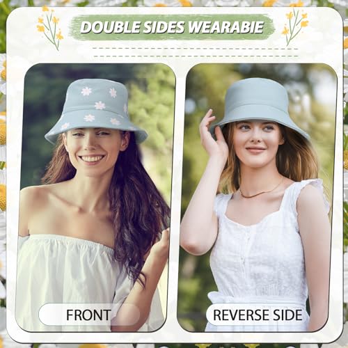 2 Pcs Reversible Cotton Bucket Hat, Daisies Print, Black/Green