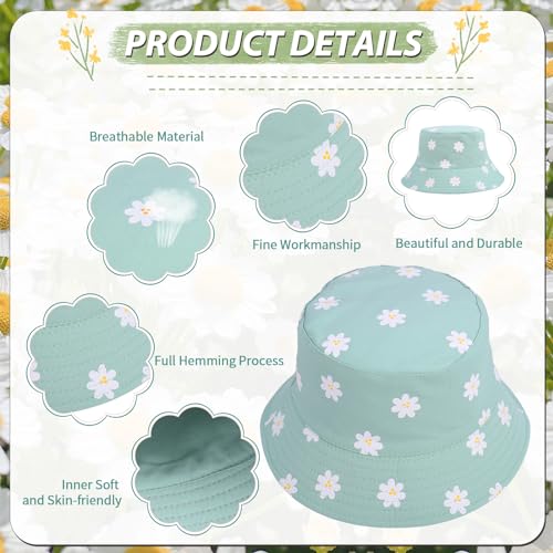 2 Pcs Reversible Cotton Bucket Hat, Daisies Print, Black/Green