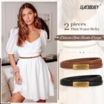 LEACOOLKEY 2 Pack Women Skinny Leather Belts with Gold Buckle