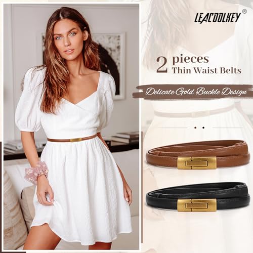LEACOOLKEY 2 Pack Women Skinny Leather Belts with Gold Buckle